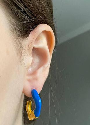 Брендові сережки позолота блакитна емаль/селін сережки кільця із синьою емаллю