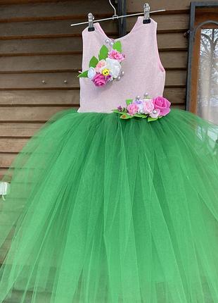 Сукня весна зелена із квітами костюм вбрання обруч довга пишна на свято мами для дівчинки