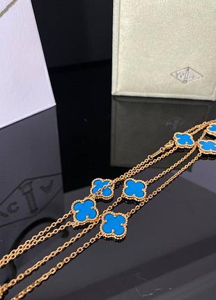 Клевер довга підвіска блакитна в позолота на 10 елементів/довжинна підвіска ванкліф блакитна