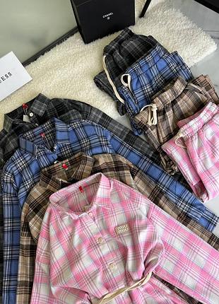 Стильный оверсайз костюм в клетку, широкие брюки палаццо на резинке, рубашка рубашка в клетку