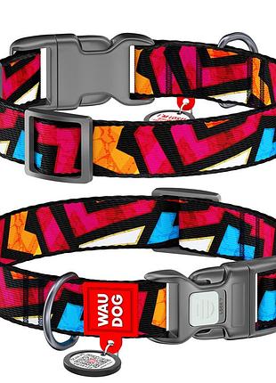 Нашийник для собак нейлоновий waudog nylon з qr паспортом, малюнок "графіті", пластиковий фастекс, ш 25 мм, дов 37-58 см