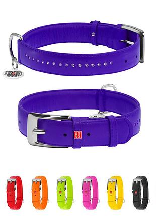 Ошейник для собак кожаный waudog glamour с qr паспортом, двойной со стразами, s, ш 15 мм, дл 27-36 см фиолетовый
