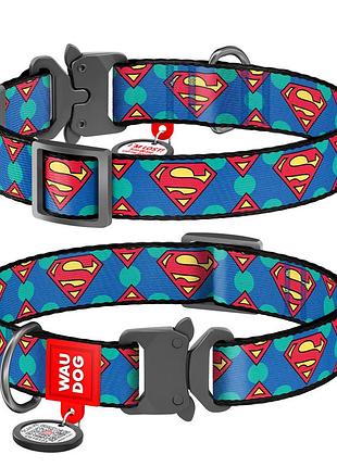 Ошейник для собак нейлоновый waudog nylon с qr паспортом, рисунок "супермен лого", металлическая пряжка-фастекс, ш 25 мм, дл 37-58
