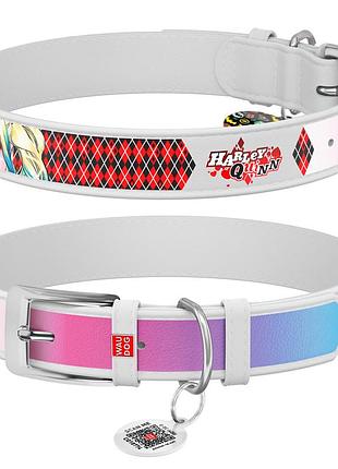 Ошейник для собак кожаный waudog design с qr паспортом, рисунок "харли квин", ш 25 мм, дл 38-49 см, белый