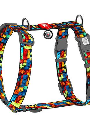 Шлея для собак анатомічна h-подібна waudog nylon з qr-паспортом, малюнок "блоки", пластиковий фастекс, xl, ш 35 мм, a 60-100 см, b