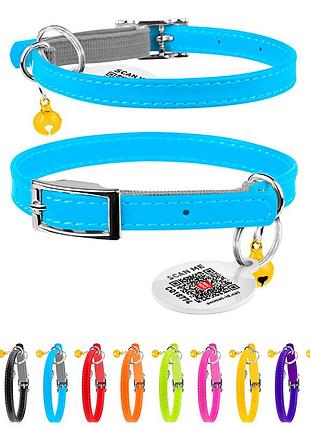 Ошейник для котов кожаный waucat glamour с qr паспортом, без украшений, xxs, ш 9 мм, дл 22-30 см голубой