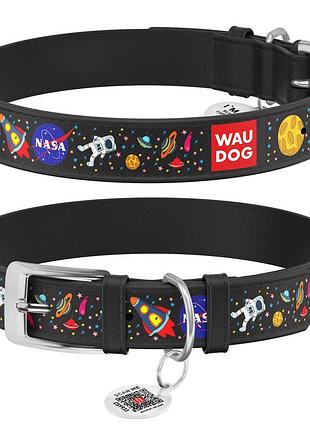 Нашийник для собак шкіряний waudog design з qr паспортом, малюнок "nasa", l, ш 25 мм, дов 38-49 см чорний