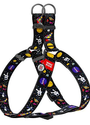 Шлея для собак waudog nylon з qr паспортом, малюнок "nasa", пластиковий фастекс, xl, ш 35 мм, а=в 70-100 см