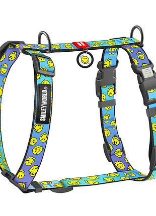 Шлея для собак анатомічна h-подібна waudog nylon з qr-паспортом, малюнок "смайли на блакитному", пластиковий фастекс, m, ш 20 мм,