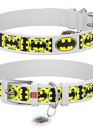 Нашийник для собак шкіряний waudog design з qr паспортом, малюнок "бетмен4", xl, ш 35 мм, дов 46-59 см, білий