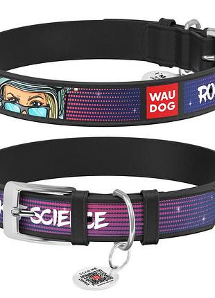 Ошейник для собак кожаный waudog design с qr паспортом, рисунок "космос. ракетостроение", xl, ш 35 мм, дл 44-58 см черный