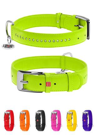 Ошейник для собак кожаный waudog glamour с qr паспортом, двойной со стразами, s, ш 15 мм, дл 27-36 см салатовый