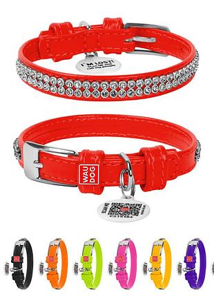 Нашийник для собак шкіряний waudog glamour з qr паспортом, з прикрасою "полотно стрази", xs, ш 12 мм, дов 21-29 см червоний