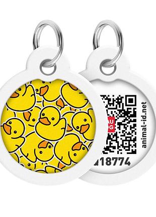 Адресник для собак і котів металевий waudog smart id з qr паспортом, малюнок "качки", коло, д 30 мм