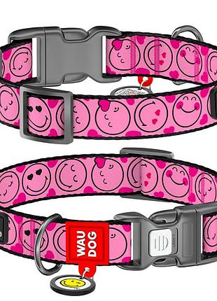 Ошейник для собак нейлоновый waudog nylon с qr паспортом, рисунок "смайлики на розовом", пластиковый фастекс, м, ш 20 мм, дл 28-40