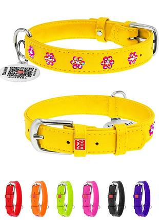 Ошейник для собак кожаный waudog glamour с qr паспортом, с клеевыми стразами "цветы", ш 20 мм, дл 30-39 см