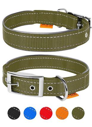 Ошейник dog extreme из нейлона, двойной со светоотражающей вставкой (ширина 25мм, длина 38-48см) хаки