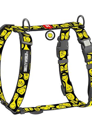 Шлея для собак анатомічна h-подібна waudog nylon з qr-паспортом, малюнок "смайли на чорному", пластиковий фастекс, xl, ш 25 мм, a