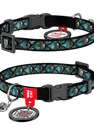 Нашийник для котів нейлоновий waucat nylon з qr адресником, малюнок "луска", пластиковий фастекс, xs, ш 10 мм, дов 20-30 см