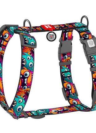 Шлея для собак анатомическая h-образная waudog nylon с qr паспортом, рисунок "зубастые монстры", пластиковый фастекс, xl, ш 35 мм, a