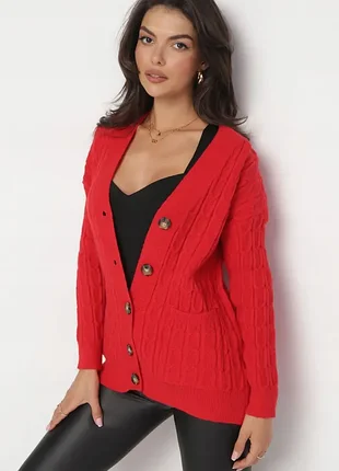 Червоний ажурний кардиган з косами з v- подібним вирізом від brave soul