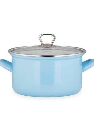 Каструля емальована з скляною кришкою 20см, блакитна 3,1л тм biol