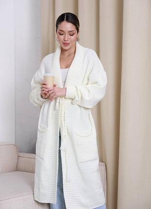 Кардиган женский на запах с поясом без застежки молочный 44-58 р