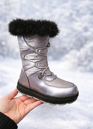 Чобітки чоботи дутіки зимові дитячі для дівчинки,на замочку,дуже легенькі,теплі,на овчині,з хутром,на затяжці,срібні,фіолетові