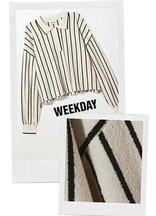 Полосатый фактурный лонгслив поло топ в полоску махровый чб weekday черно белый