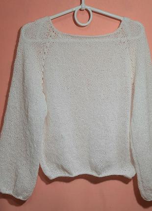 Кофта вязана біла, блискуча реглан кофта, ручна робота, святкова кофта