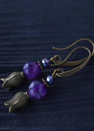 Жіночі сережки ′тюльпани коханій′ з натуральним каменем аметист