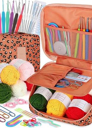 Набор для вязания крючком из 59 предметов с резиновыми ручками, набором пряжи и сумкой для хранения розовый