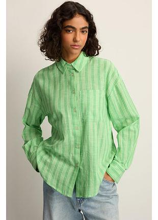 Зелена пряма сорочка в смужку з натуральної тканини р.16