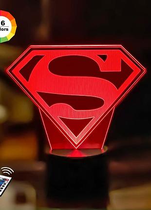 3d нічник "знак супермена" (волічне зображення)+ мережевий адаптер + батарейки (3ааа) 3dtoyslamp
