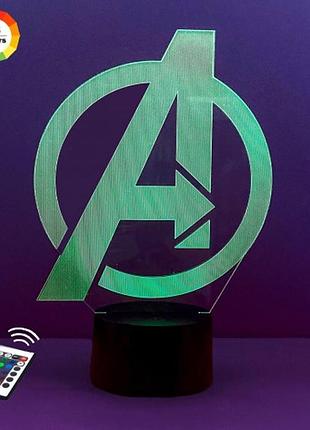 3d нічник "знак месників" (волічне зображення) подарункове паковання + 16 кольорів + пульт дк 3dtoyslamp