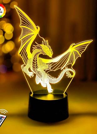 3d нічник "дракон 2" (волічне зображення) подарункове паковання + 16 кольорів + пульт дк + мережевий адаптер +