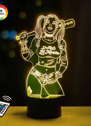 3d ночник "харли квин" (увеличенное изображение) подарочная упаковка + 16 цветов + пульт ду 3dtoyslamp