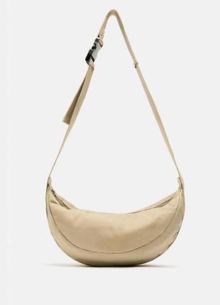 Сумка, бананка zara, жіноча, ремінець регулюється, на змійці, бежевого кольору, матеріал бавовна