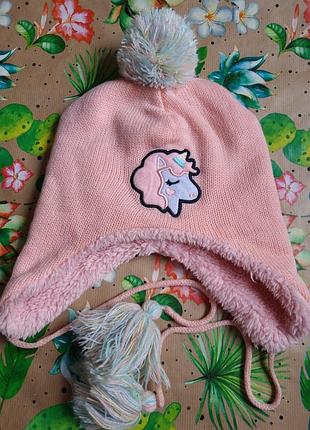 Теплая зимняя шапка-ушанка единорог єдиноріг 4 5 6 лет на завязках