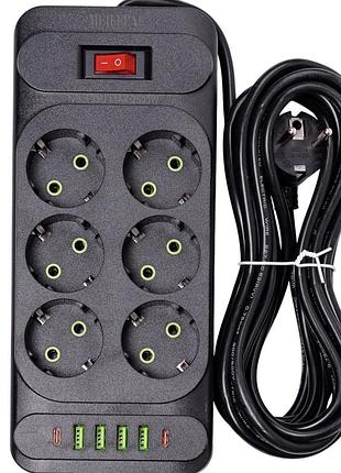 Мережевий фільтр-подовжувач power 6 розеток 6 usb 5 метрів