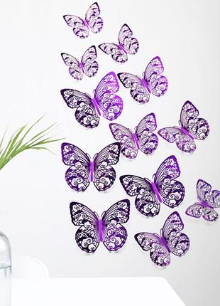 Бабочки 3d на стену на обои на шкаф на мебель на окно зеркальные фиолетовые бабочки 12 шт