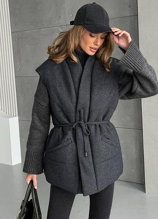 Жилет женский на запах приталенный кашемировый утепленная жилетка куртка безрукавка кимоно серый графит