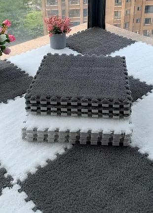 Килимок-пазл дитячий 10 плиток 30×30 см сірий з білим, м’який ворс eva, теплий модульний килим для дитячої та зони відпочинку