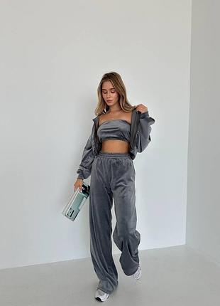 Спортивний костюм жіночий сірий з капюшоном велюровий осінній весняний літній