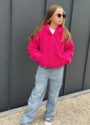 Куртка подростковая тедди для девочек на молнии с капюшоном малиновая