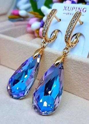 Серьги swarovski фиолетовый камень медицинское золото 45×13 мм английская застежка xuping 6091