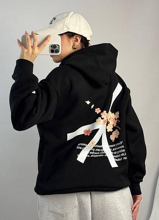 Худи женское черное с капюшоном на флисе теплое осеннее весеннее зимнее оверсайз