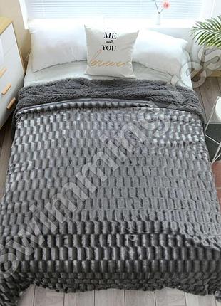 Двостороннє покривало плед хутряний "норка" травка євро 220x240 см темно-сірий у подарунковій сумці