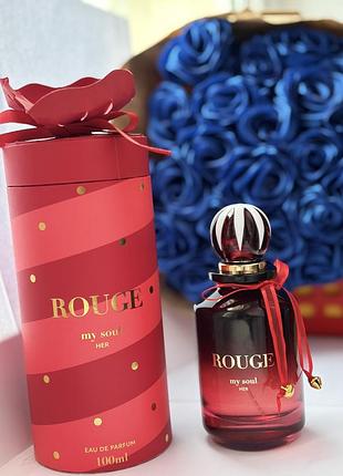 Жіноча парфум на вода rouge my soul 100 мл ,іспанія .в святковій упаковці .містить квіткові,фруктові та пудрові відтінки.