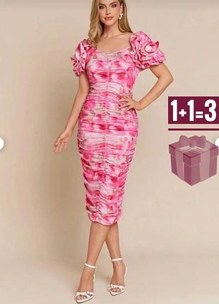 Обтисла довга сукня з обʼємним рукавчиком трояндою shein l